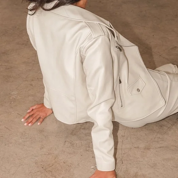 NWT Out for the Night Beige Vegan Leather Moto Jacket - Picture 3 of 7